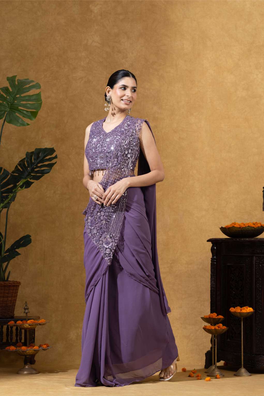 Embellished Draped Saree Set in Lavender