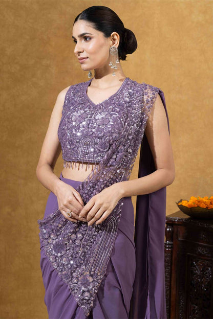 Embellished Draped Saree Set in Lavender