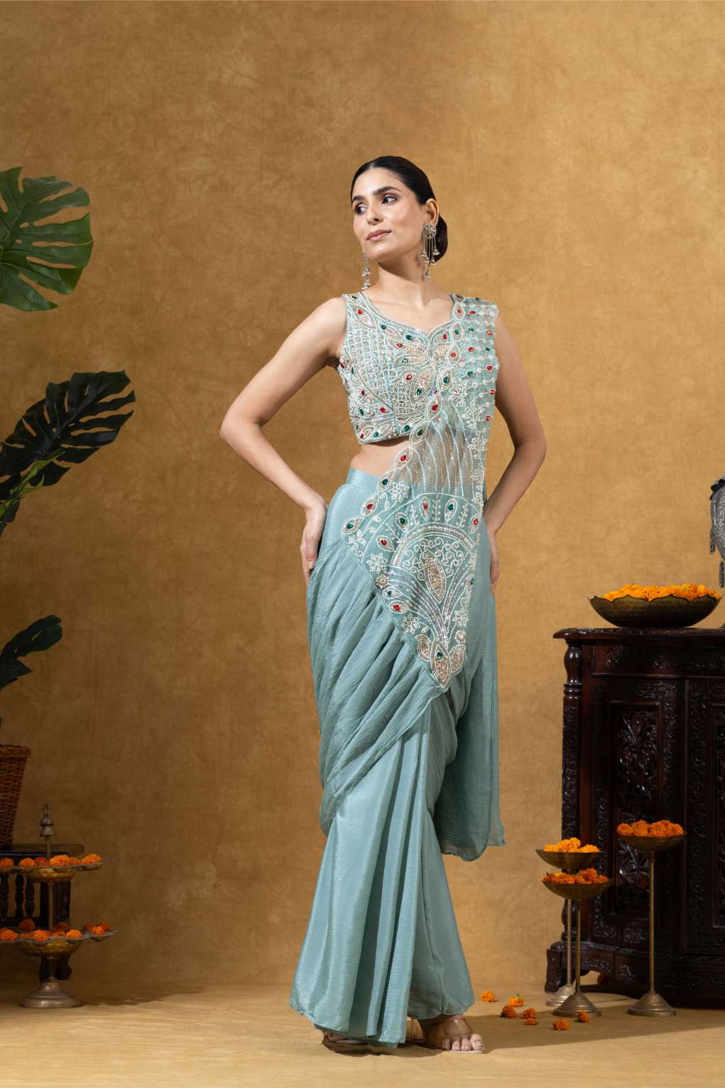 Embroidered Draped Saree Set in Ice Mint
