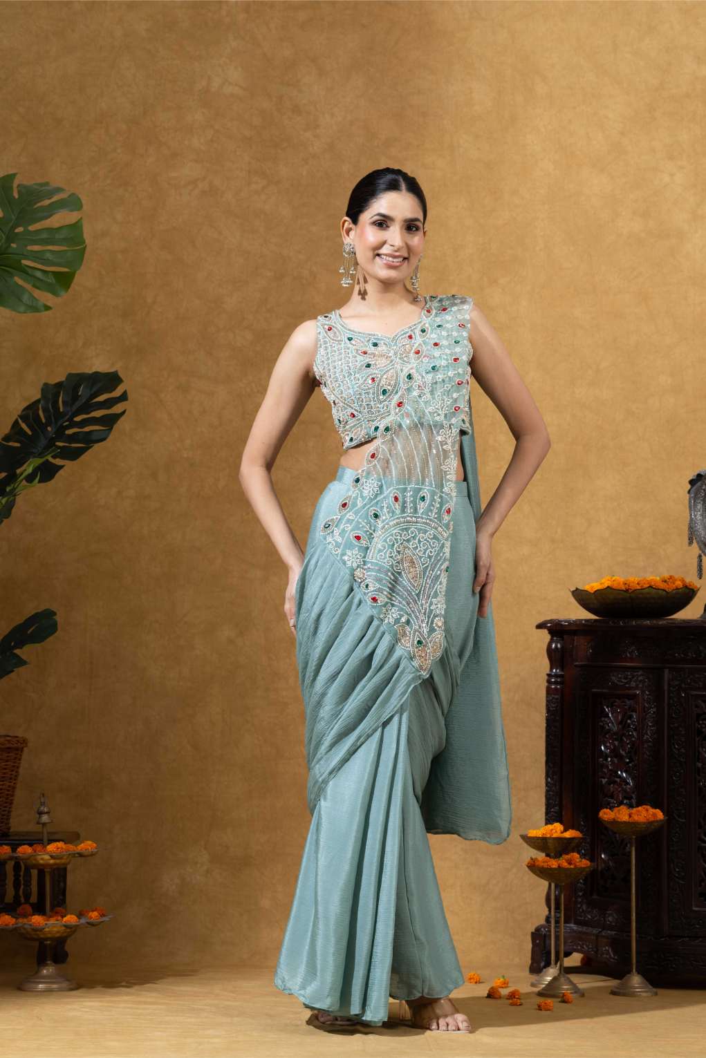 Embroidered Draped Saree Set in Ice Mint