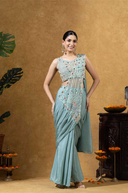 Embroidered Draped Saree Set in Ice Mint