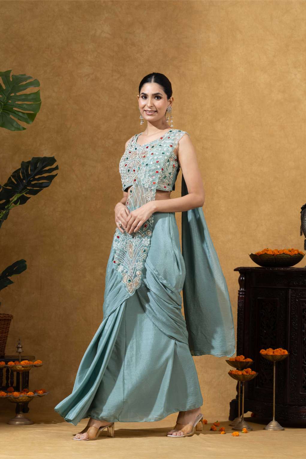 Embroidered Draped Saree Set in Ice Mint