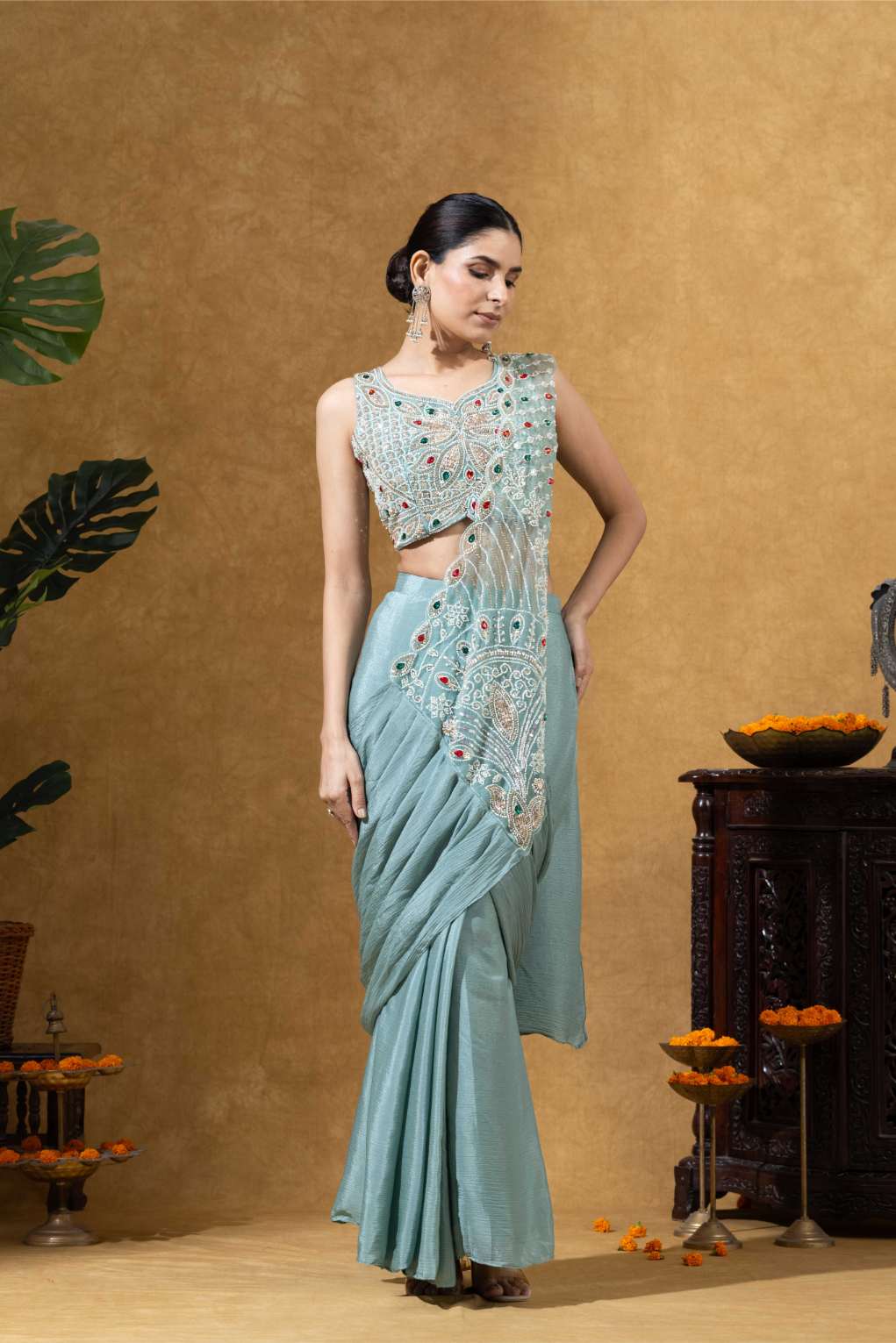 Embroidered Draped Saree Set in Ice Mint
