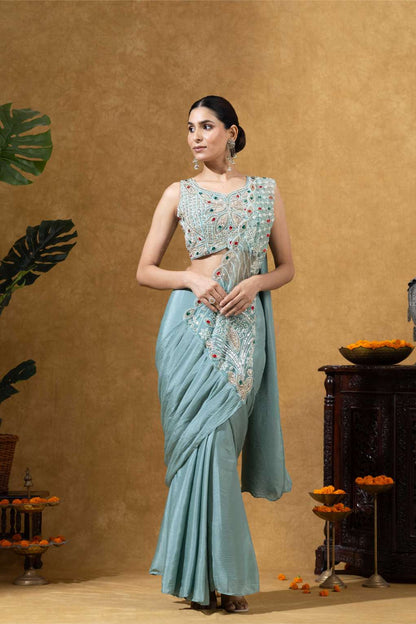 Embroidered Draped Saree Set in Ice Mint