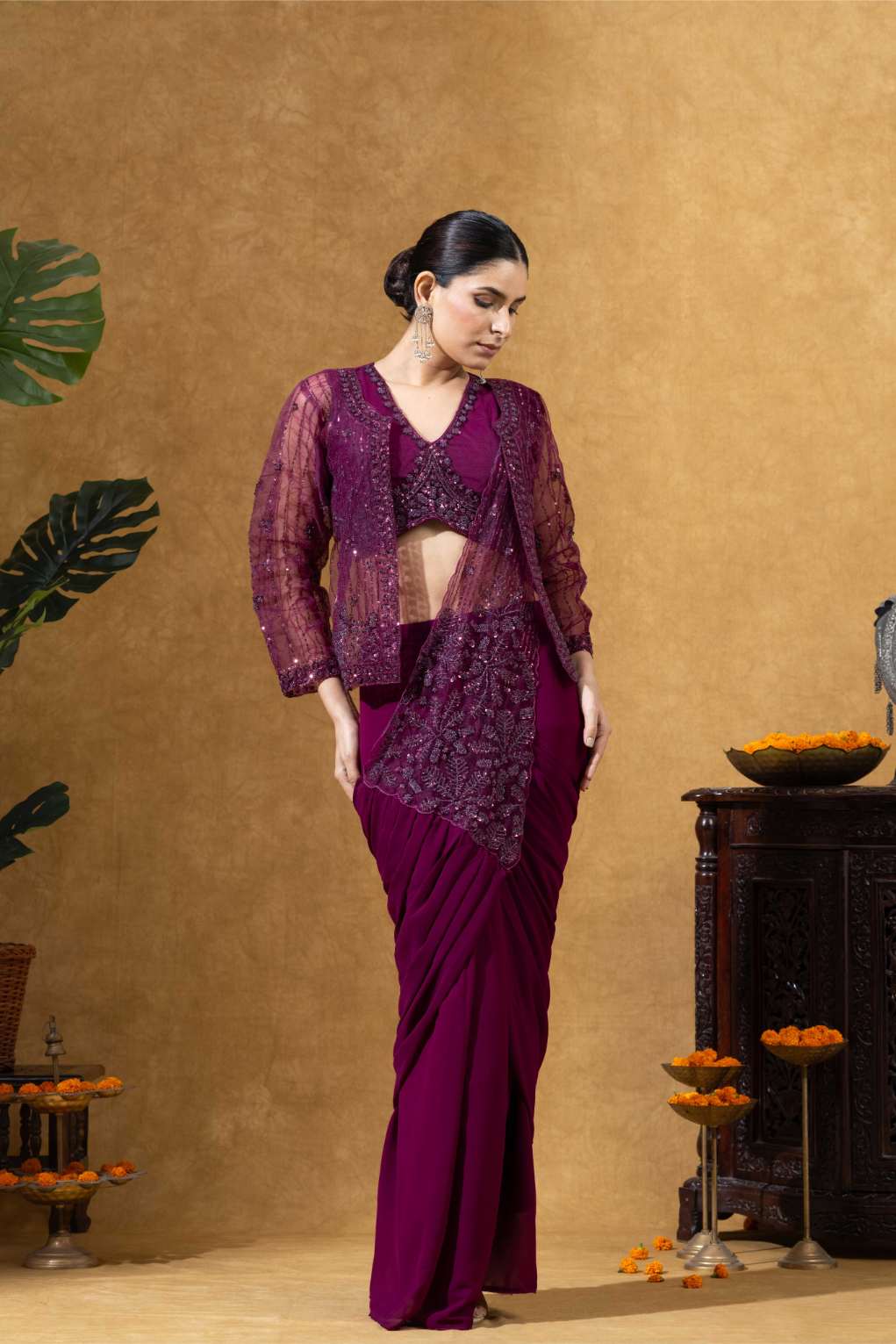 Embellished Draped Saree Set in Burgundy with Jacket
