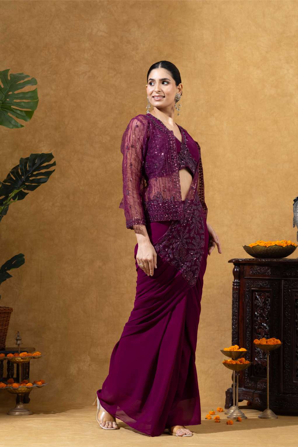 Embellished Draped Saree Set in Burgundy with Jacket