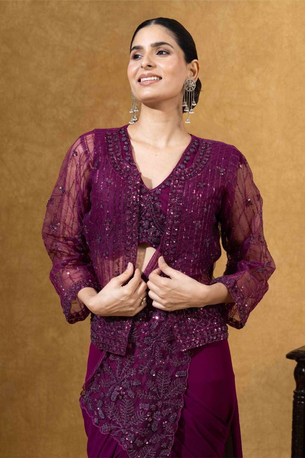 Embellished Draped Saree Set in Burgundy with Jacket