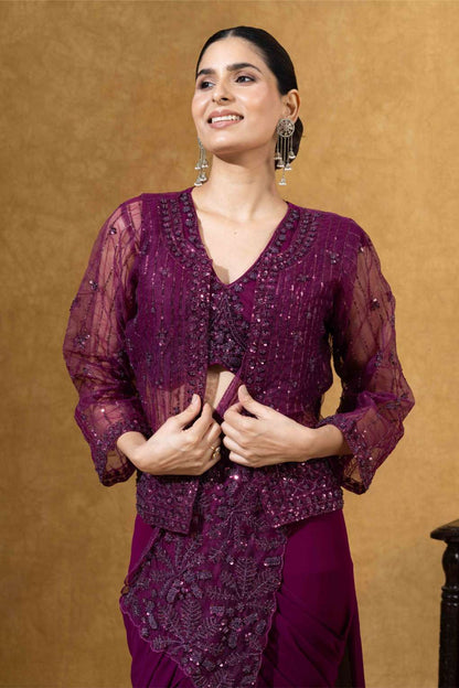 Embellished Draped Saree Set in Burgundy with Jacket