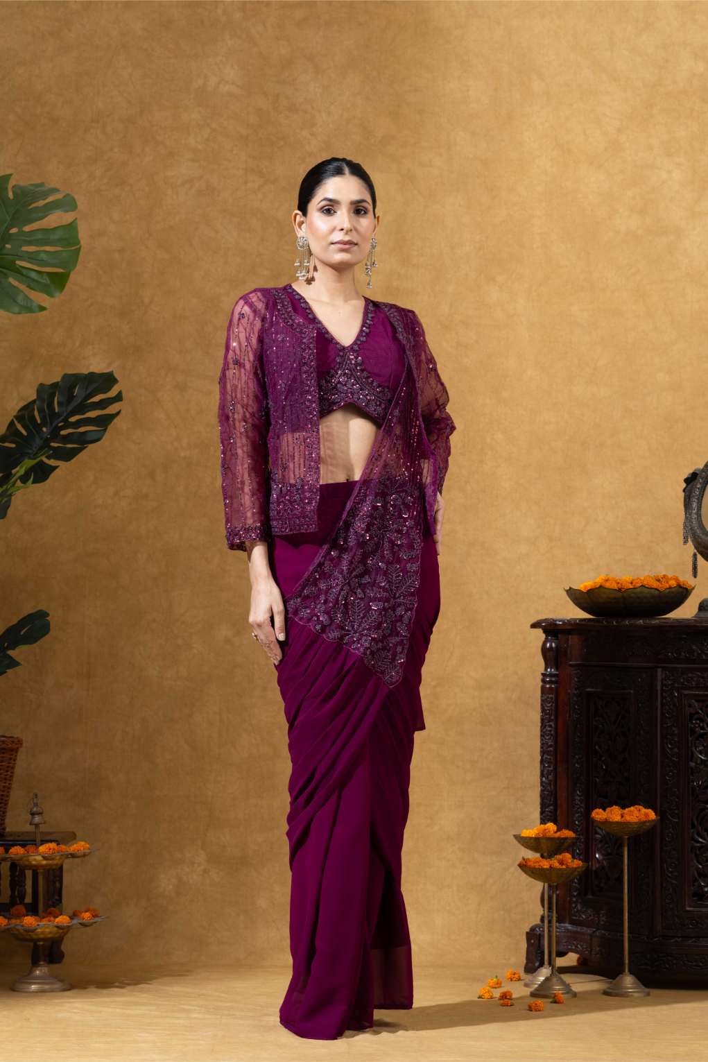 Embellished Draped Saree Set in Burgundy with Jacket