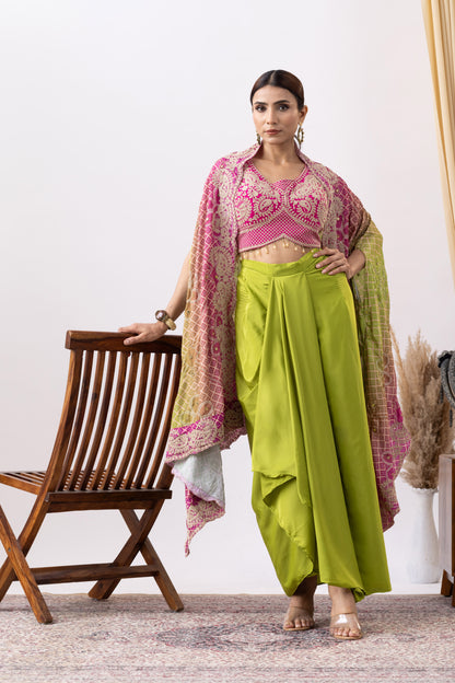 Green Crepe Skirt Set With Pink Zari Embroidered Blouse And Embroidered Dupatta
