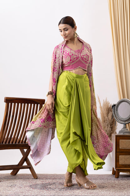 Green Crepe Skirt Set With Pink Zari Embroidered Blouse And Embroidered Dupatta