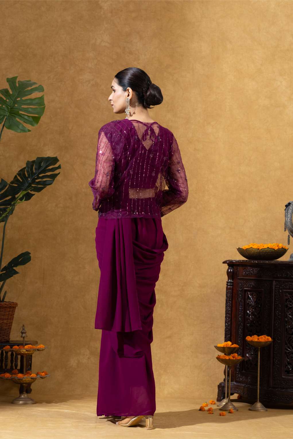 Embellished Draped Saree Set in Burgundy with Jacket