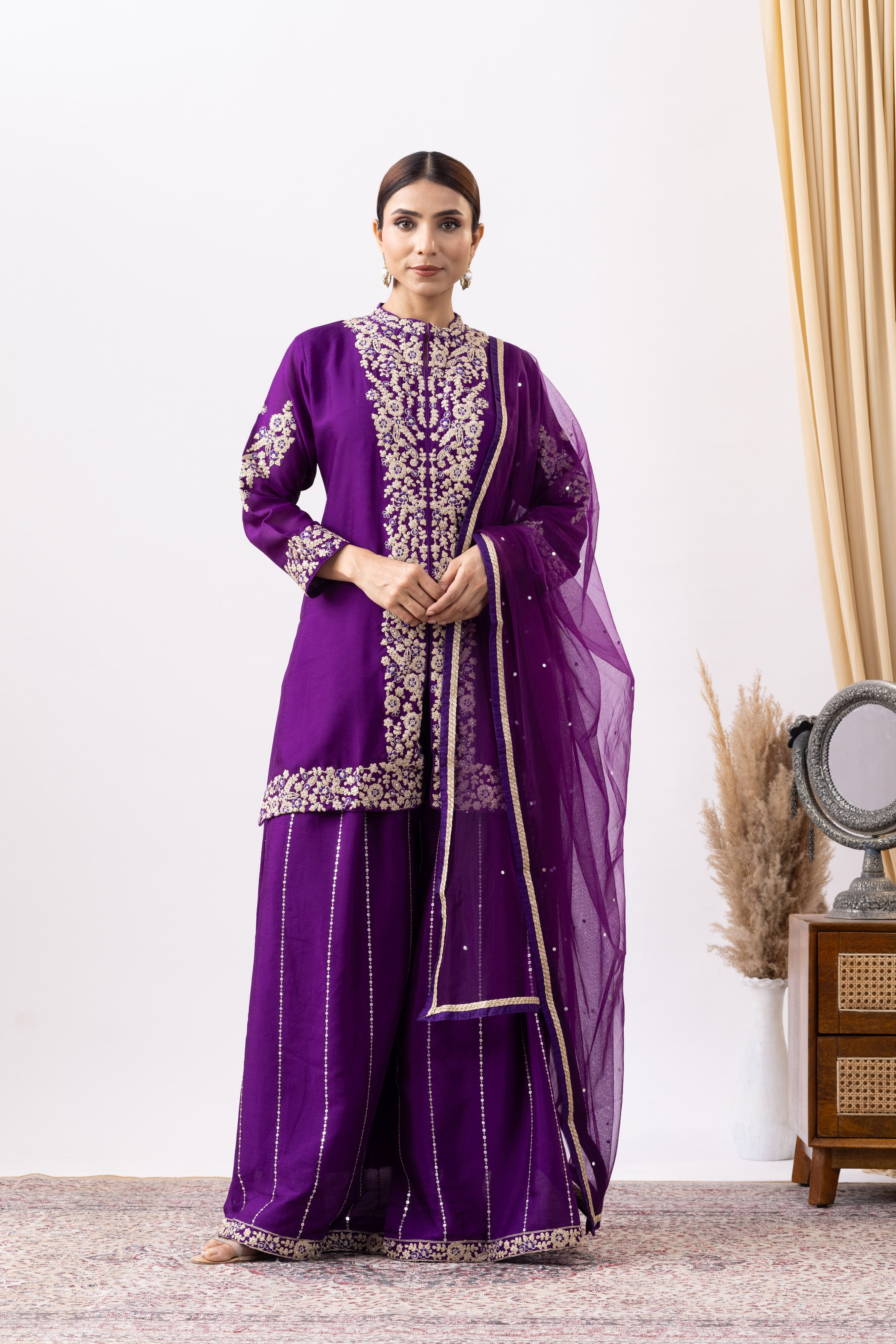 Purple Embroidered Sharara Set