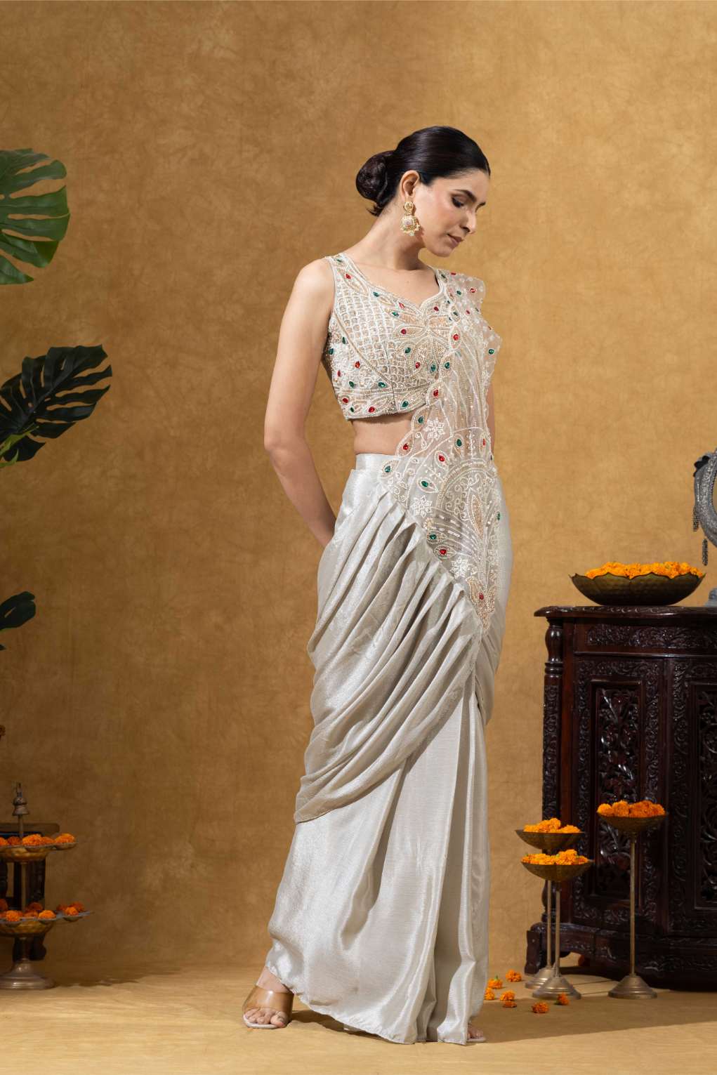 Champagne Gold Embellished Saree Set