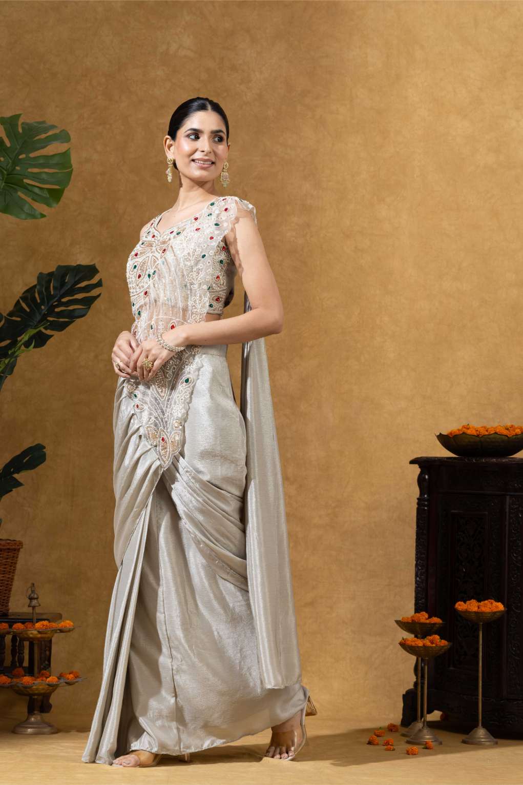 Champagne Gold Embellished Saree Set
