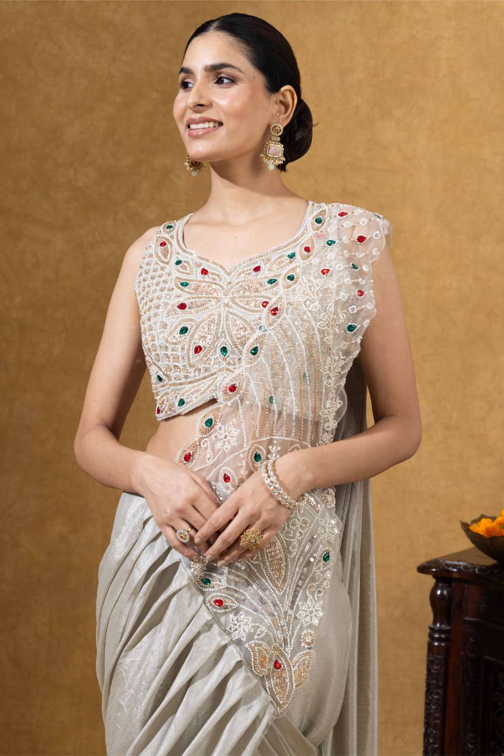 Champagne Gold Embellished Saree Set