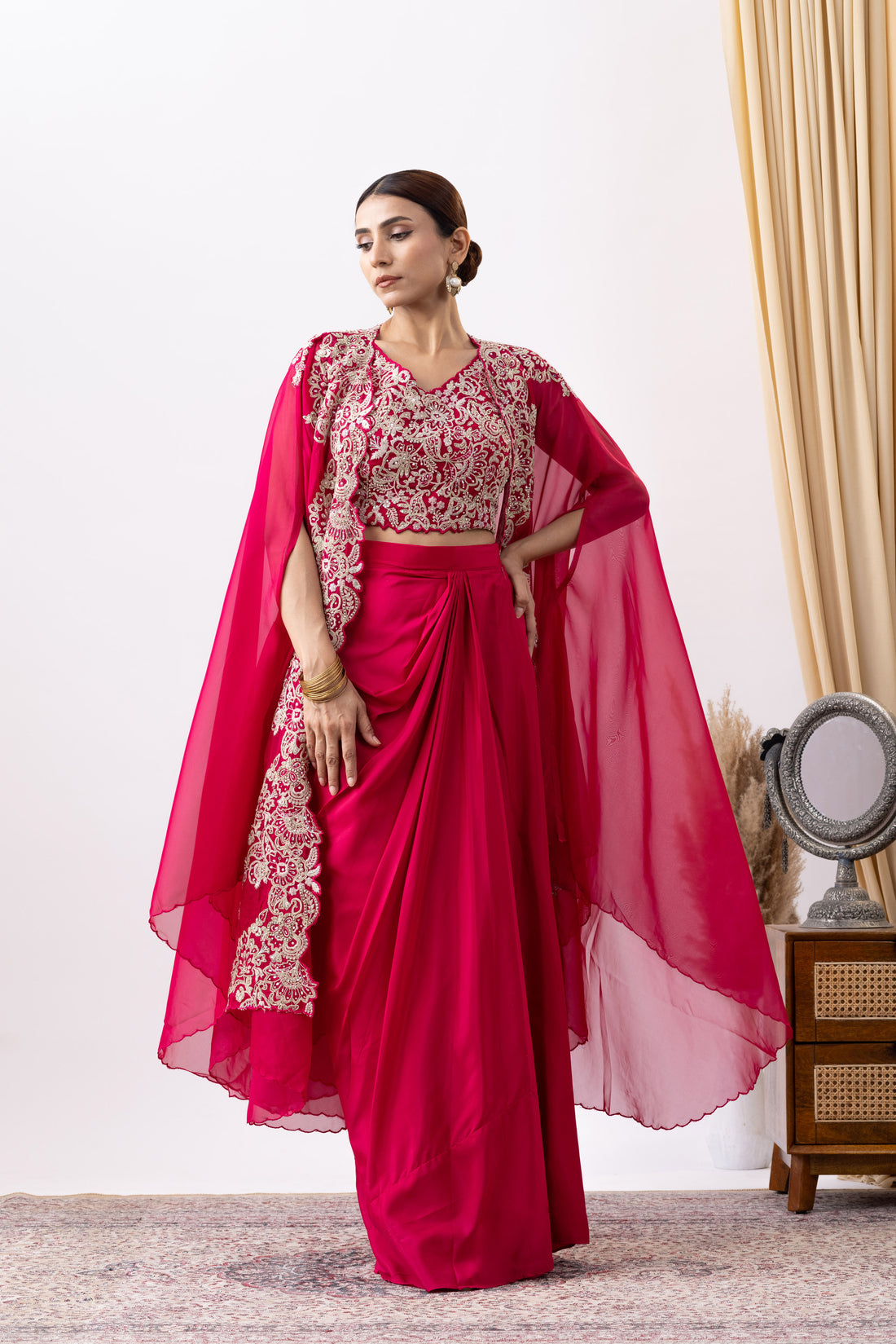 Magenta Pink Crepe Draped Set with Embroidered Cape