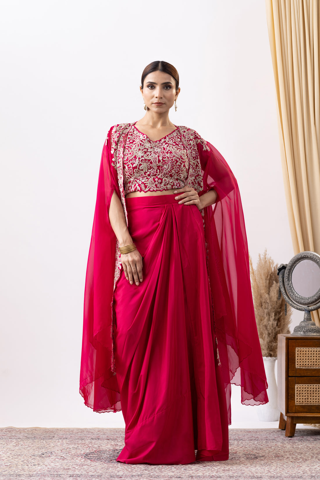Magenta Pink Crepe Draped Set with Embroidered Cape