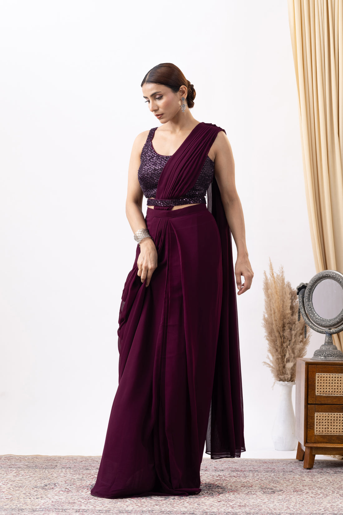 Wine Silk Georgette Blend Cut Dana Embroidered Pre-Draped Saree Set