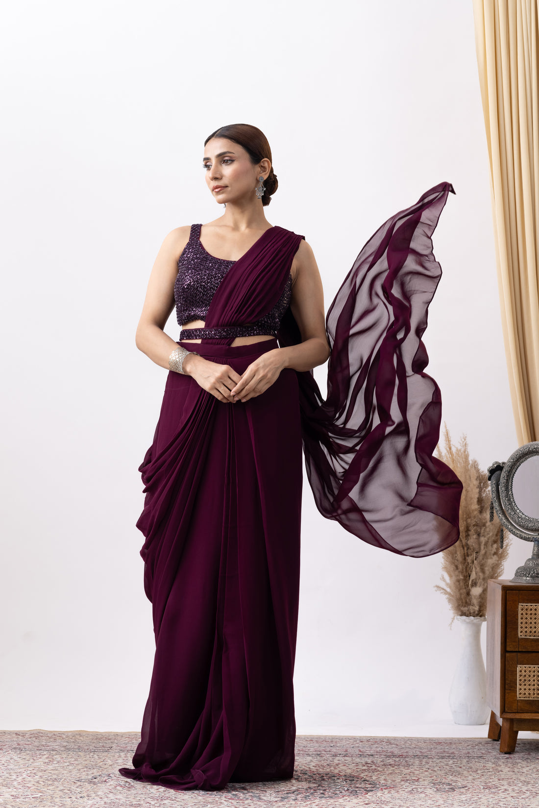 Wine Silk Georgette Blend Cut Dana Embroidered Pre-Draped Saree Set