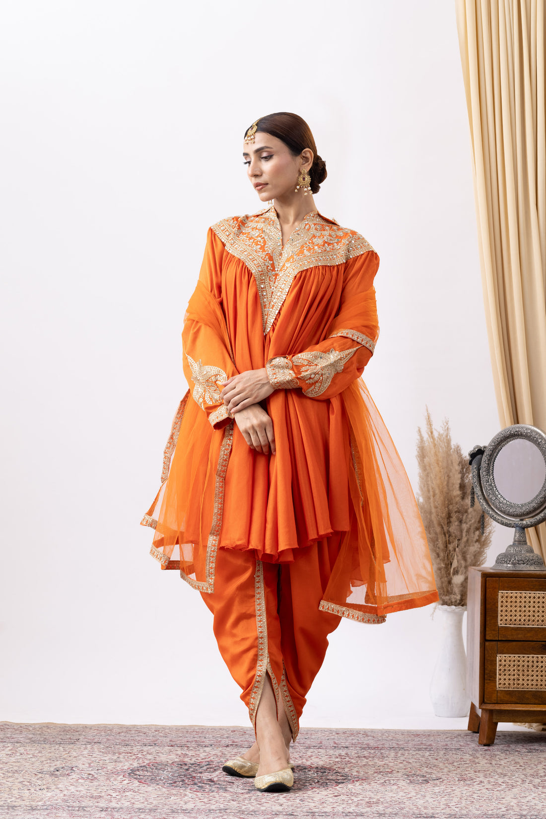 Orange  Chinnon Zari Embroidered Tulip Style Dress