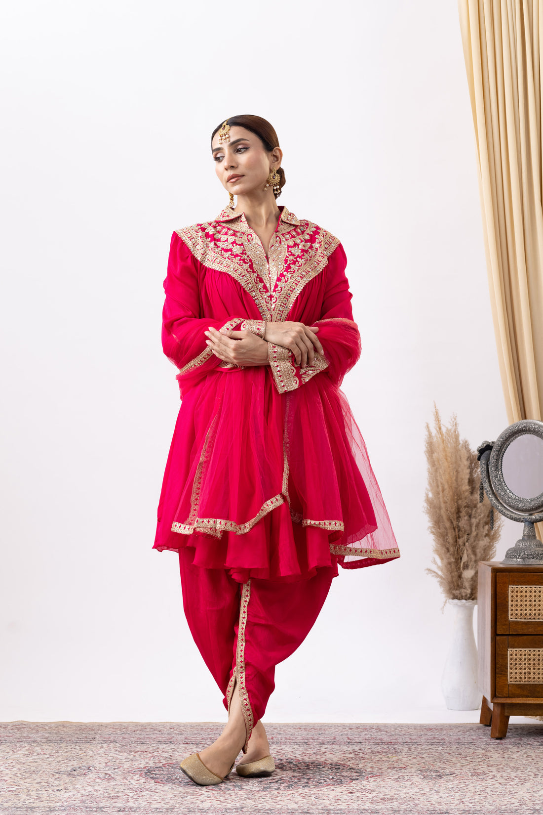 Magenta Pink Chinnon Zari Embroidered Tulip Style Dress