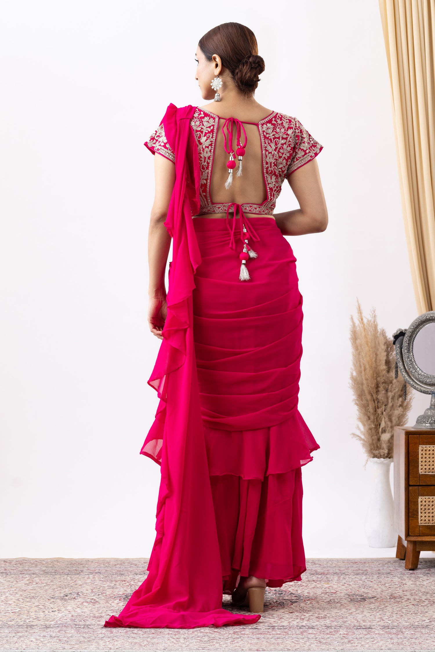 Magenta Pink Georgette Zari Embroidered Pre draped Ruffle Saree