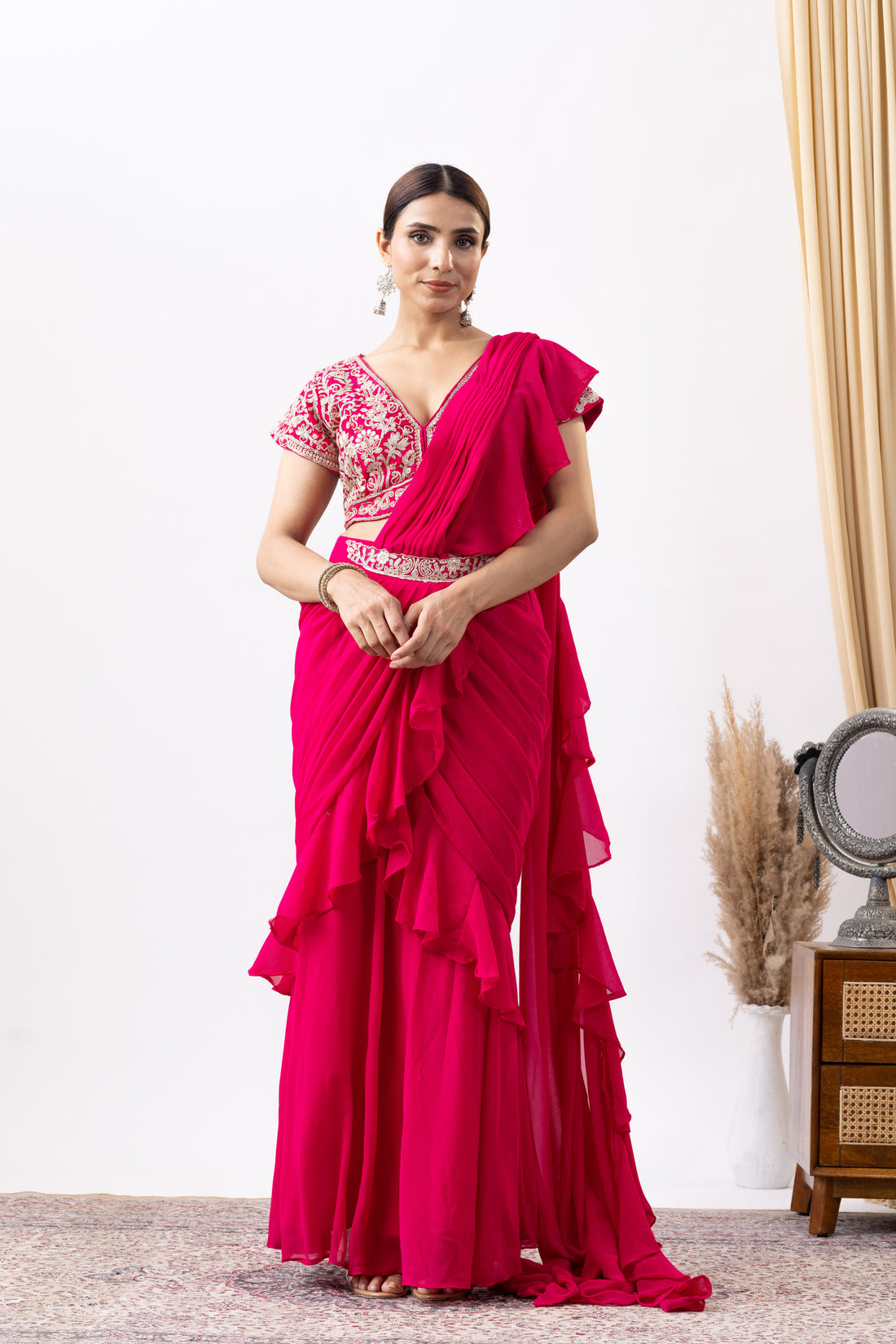 Magenta Pink Georgette Zari Embroidered Pre draped Ruffle Saree