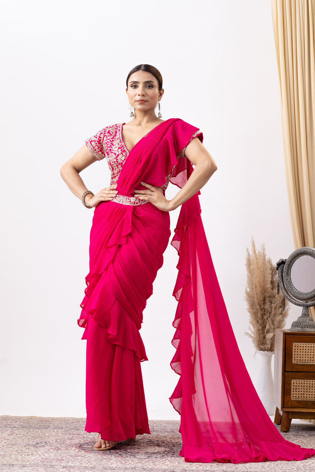 Magenta Pink Georgette Zari Embroidered Pre draped Ruffle Saree
