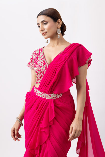Magenta Pink Georgette Zari Embroidered Pre draped Ruffle Saree