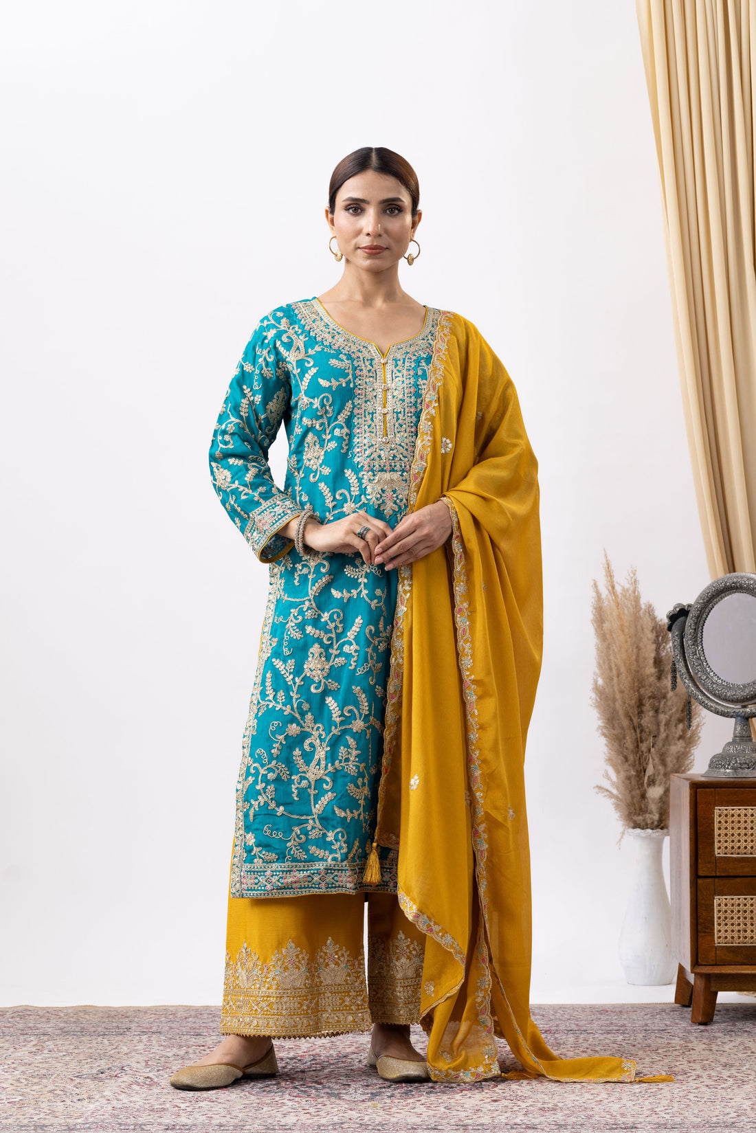 Turquoise Embroidered Chinon Palazzo Set