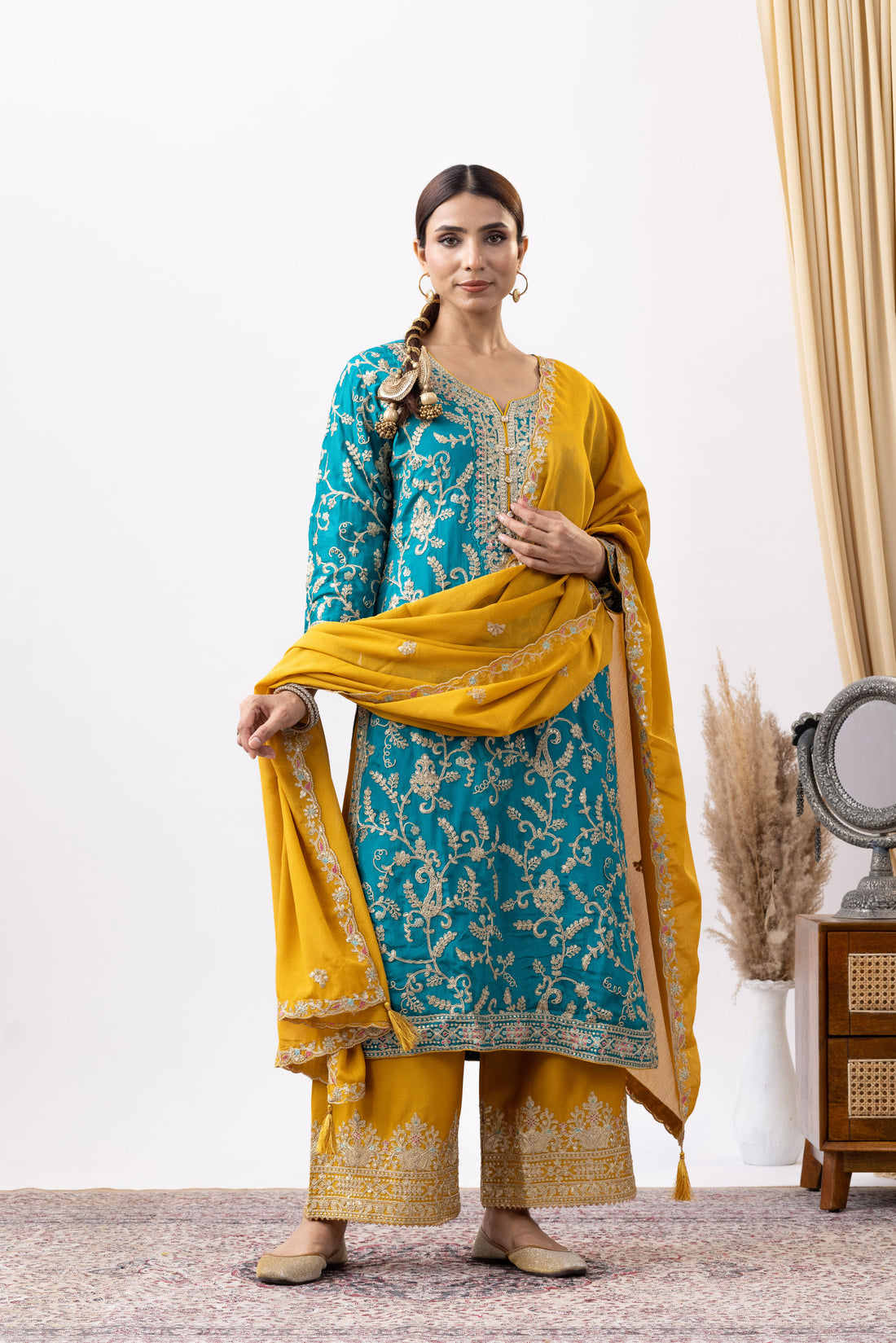 Turquoise Embroidered Chinon Palazzo Set