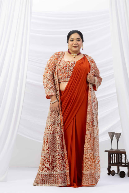Rust Gold Draped Saree with Heavy Embroidered Shrug &amp; Blouse