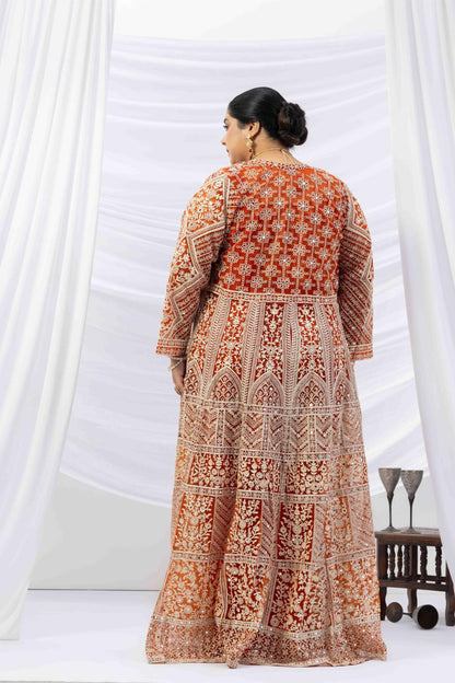 Rust Gold Draped Saree with Heavy Embroidered Shrug &amp; Blouse