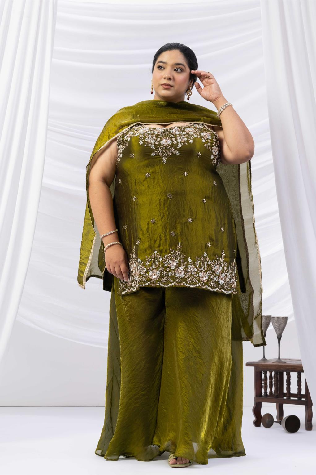 Deep Olive Green Embroidered Kurta Palazzo Set