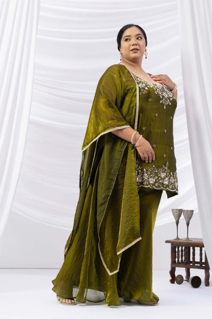 Deep Olive Green Embroidered Kurta Palazzo Set