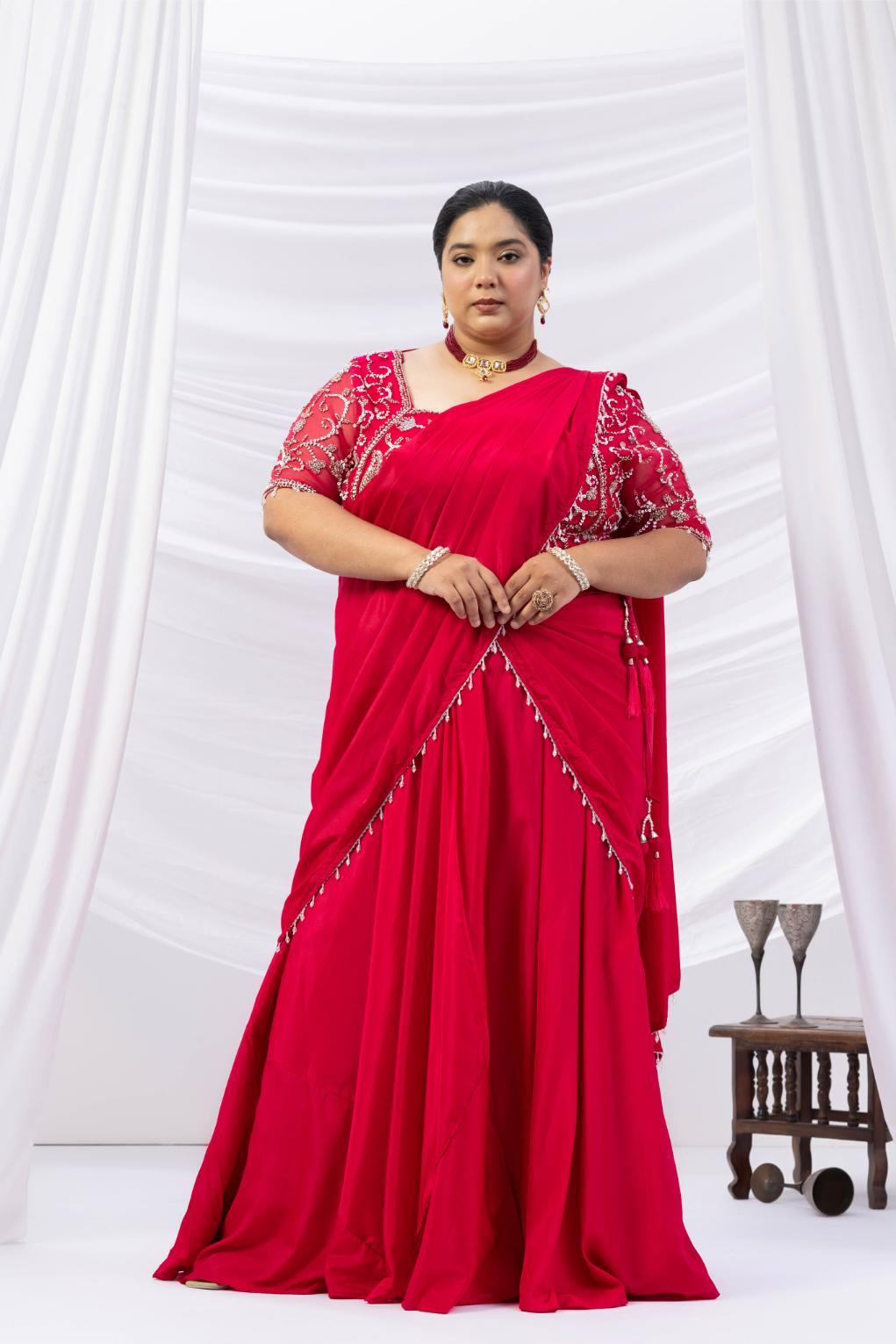 Magenta Pink Moti Work Pre-Drape Saree
