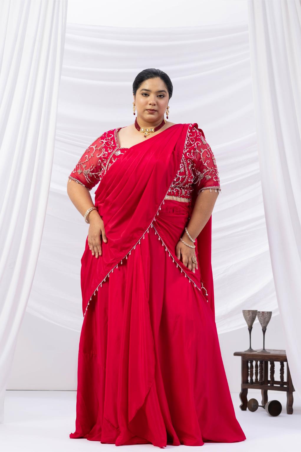 Magenta Pink Moti Work Pre-Drape Saree
