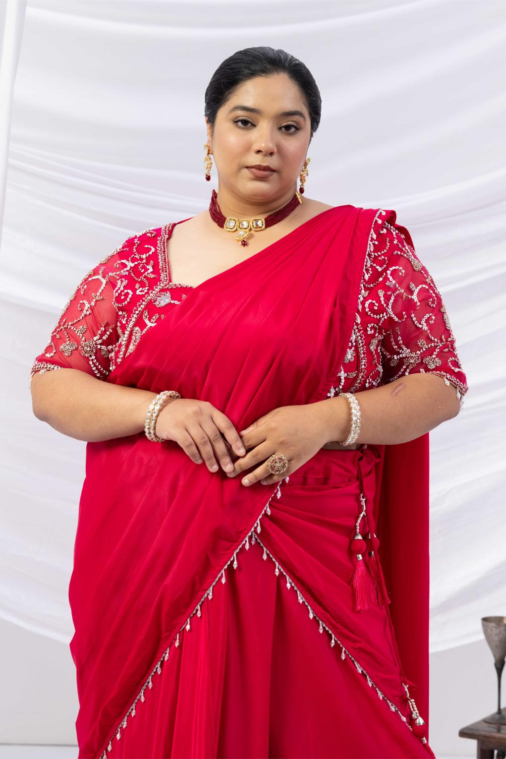 Magenta Pink Moti Work Pre-Drape Saree
