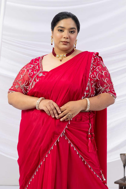 Magenta Pink Moti Work Pre-Drape Saree