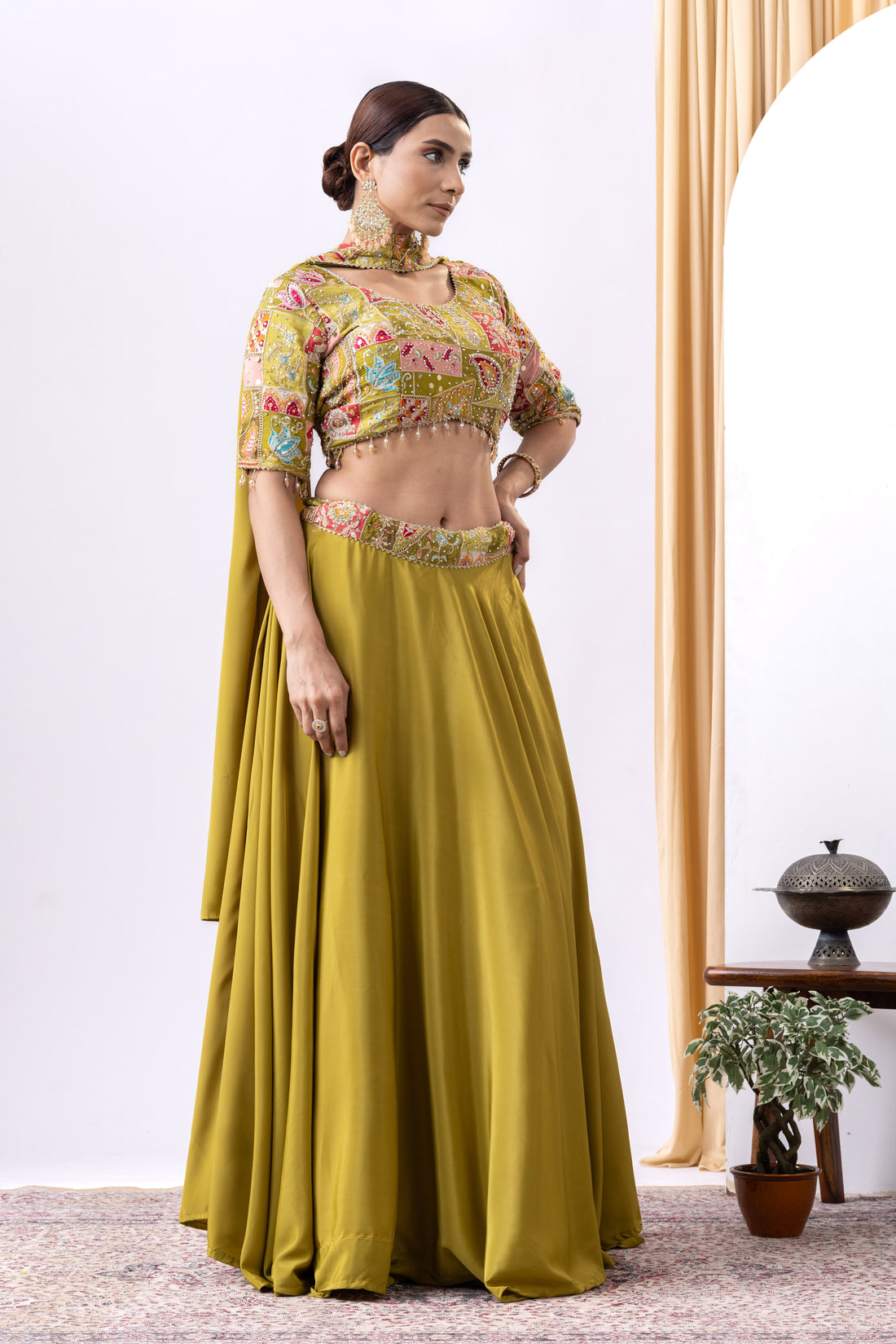 Mehandi Green Floral Embroidered Lehnga Set