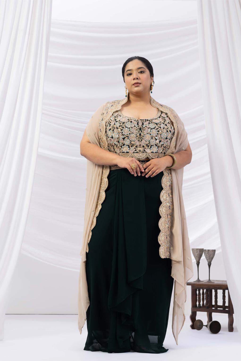 Bottle Green Embroidered Drape Skirt with Ivory Cape set