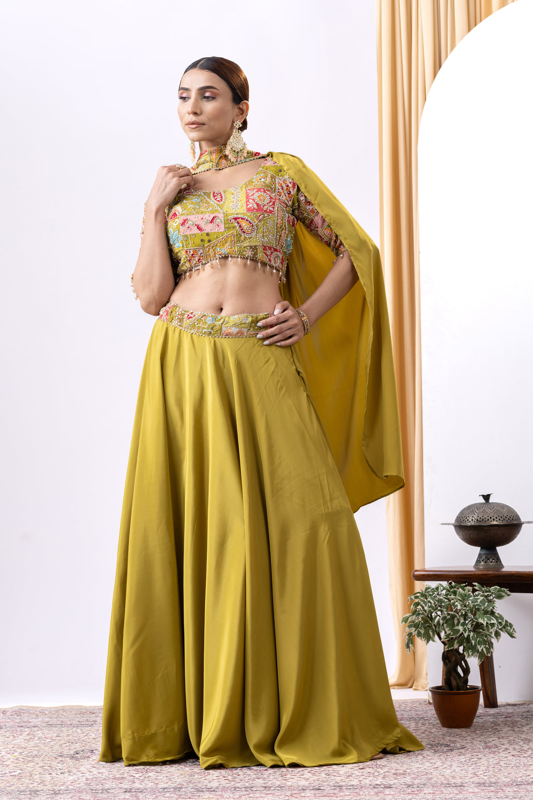 Mehandi Green Floral Embroidered Lehnga Set