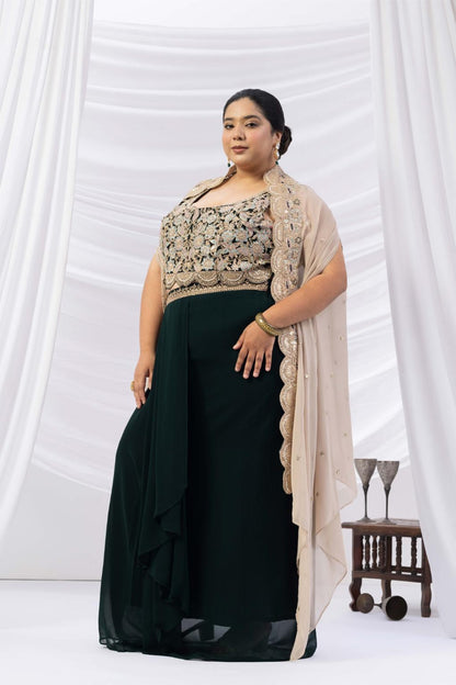 Bottle Green Embroidered Drape Skirt with Ivory Cape set