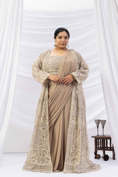 Beige Gold Draped Saree with Heavy Embroidered Shrug &amp; Blouse