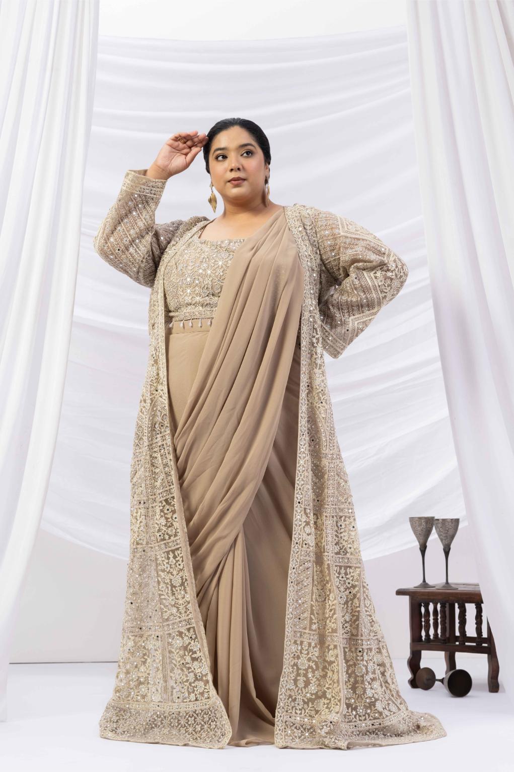 Beige Gold Draped Saree with Heavy Embroidered Shrug &amp; Blouse
