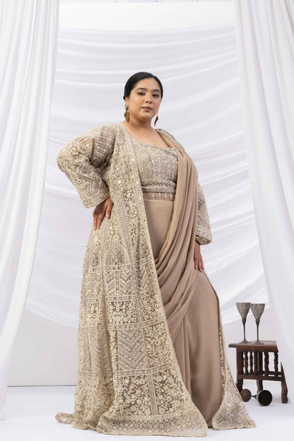 Beige Gold Draped Saree with Heavy Embroidered Shrug &amp; Blouse