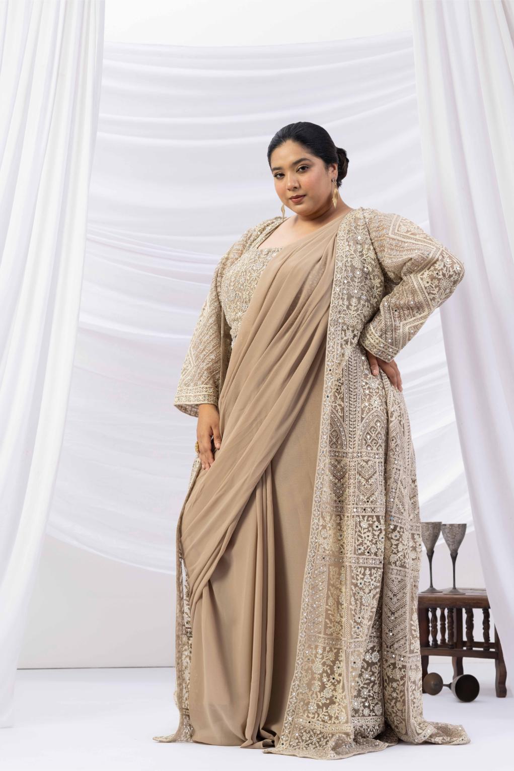 Beige Gold Draped Saree with Heavy Embroidered Shrug &amp; Blouse