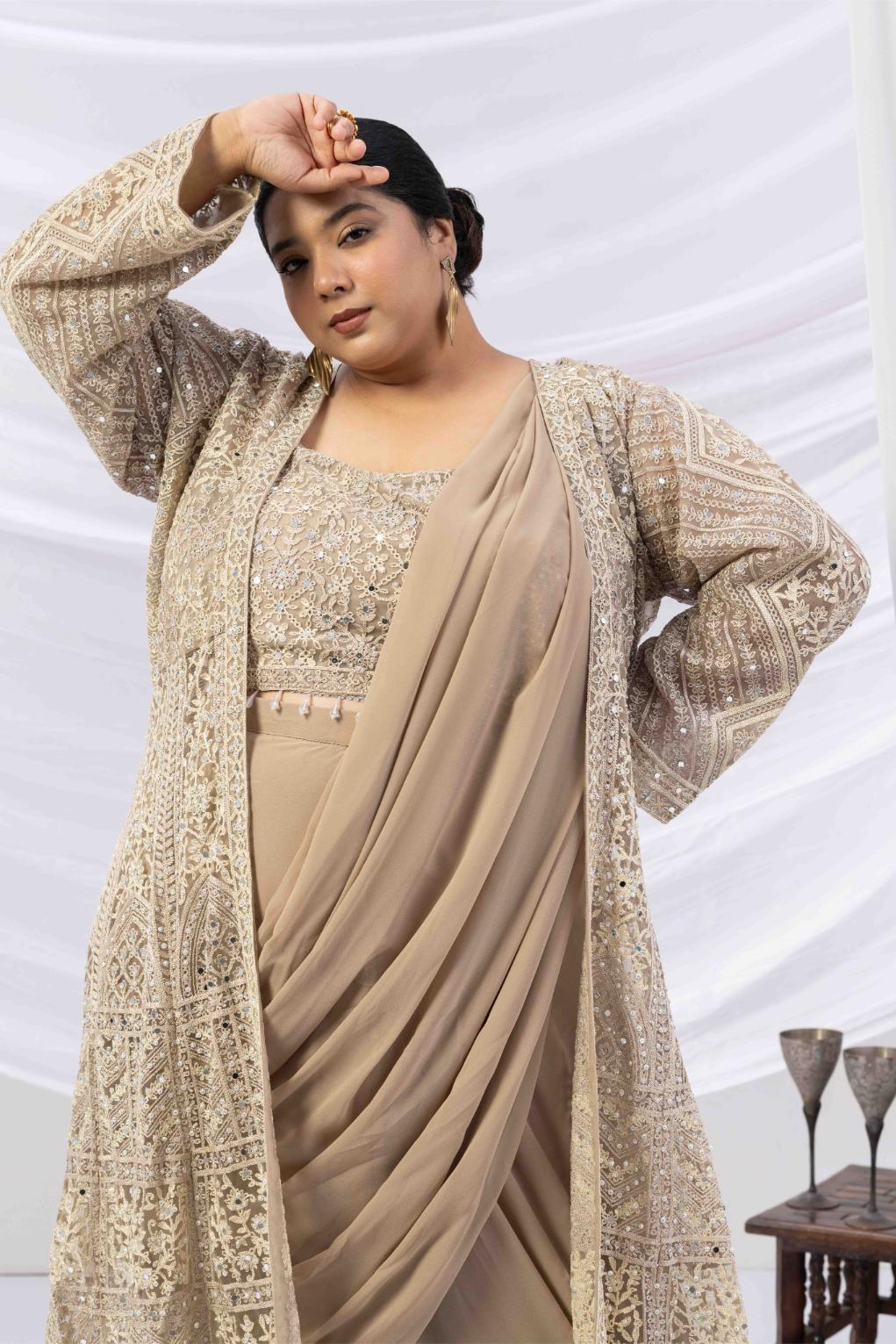 Beige Gold Draped Saree with Heavy Embroidered Shrug &amp; Blouse