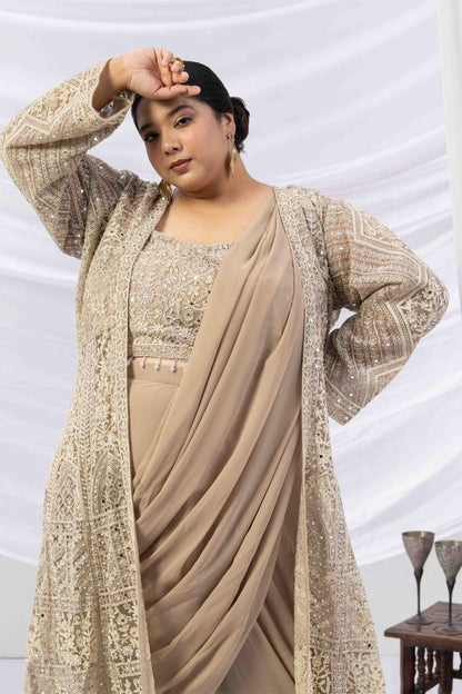 Beige Gold Draped Saree with Heavy Embroidered Shrug &amp; Blouse